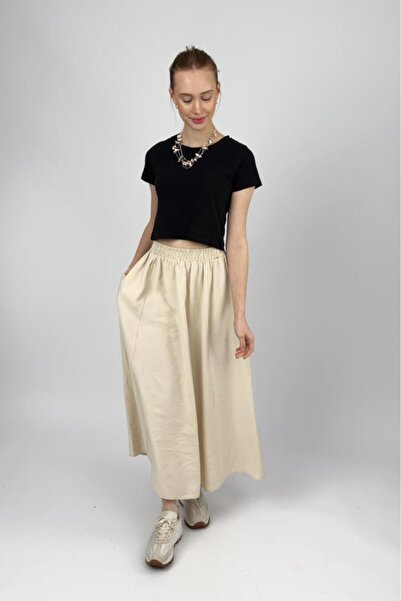 Betimoda Women's Elastic Waist Modal Midi Skirt with Pockets Beige