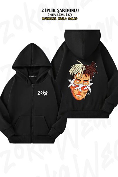 ZOKAWEAR سترة كارديجان بقلنسوة بسحاب من Melting Xxxtentacion مطبوع قصة فضفاضة...