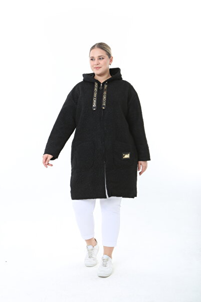 XL Modam Black Pompon Kaşe K Hooded Large Size Coat