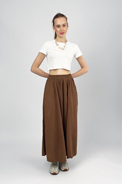 Betimoda Women's Elastic Waist Midi Skirt with Pockets Camel
