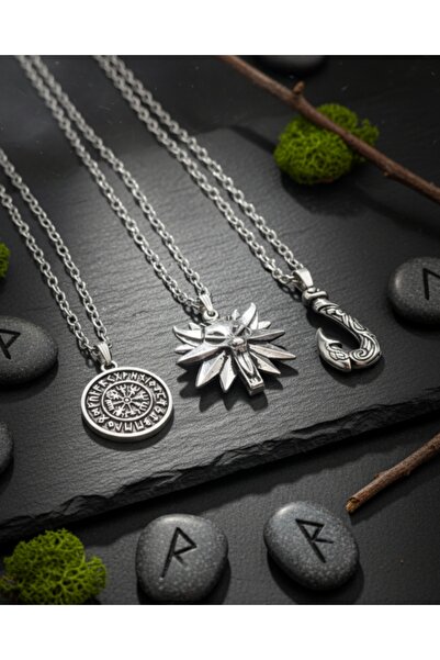E&F Takı 3 Pieces Men's Necklace with Wolf Hook and Vegvisir Figure Men's Nec...