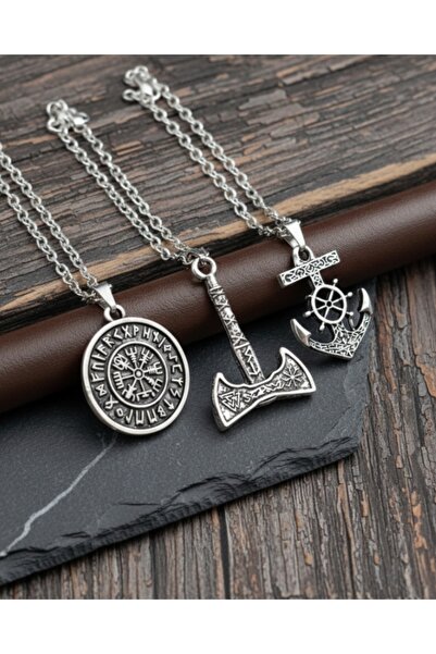 E&F Takı 3-Piece Men's Necklace with Compass, Axe and Sailor Anchor Figures M...