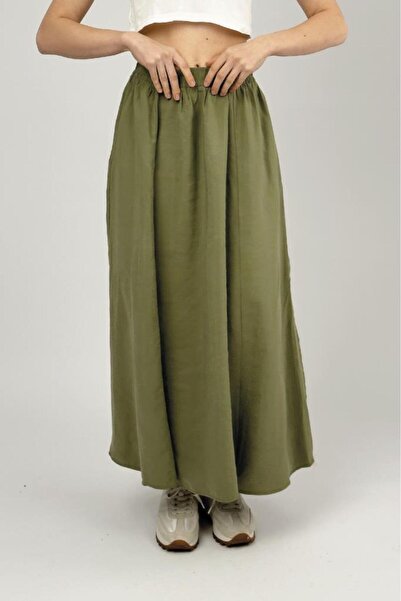 Betimoda Women's Pocketed Elastic Waist Modal Midi Skirt Khaki
