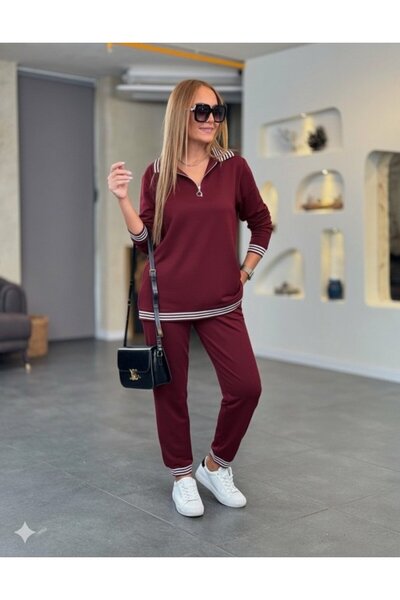 modaserdem Women's Long Sleeve Zipper Stripe Detail Patterned Top and Bottom Two-Piece Viscose Two-Thread Set