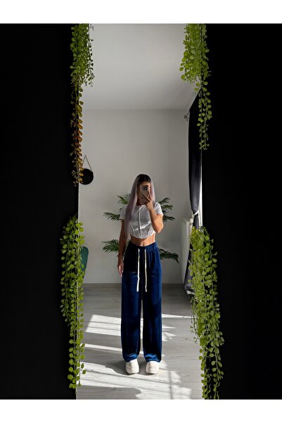 by SLA boutique Pantaloni wide leg din velur subțire cu talie elastică și șnur