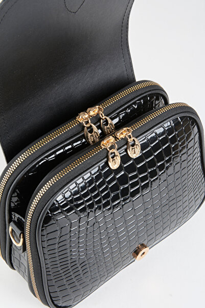 Vivaq Women's Clover Croco Black 4-Pocket Flap Shoulder Bag with Column Strap, Zipper and Snap Closure