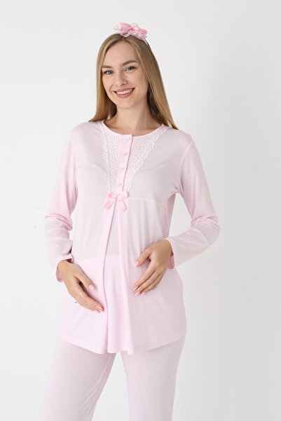 Lohussa Women's Pink Lace Detailed Special Design Long Sleeve Maternity Pajama Set 3-Piece Set