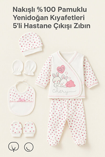 Eldenör Embroidered 100% Cotton 5-Piece Baby Hospital Discharge Set |   Rabbit Patterned Newborn Bodysuit Set