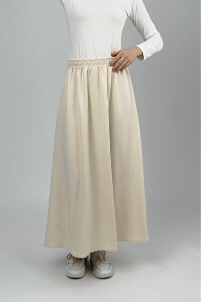 Betimoda Women's Beige Modal Fabric Elastic Waist Midi Skirt