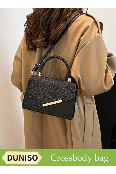 DUNISO Retro Small Square Crossbody Bag with Sequins - Black