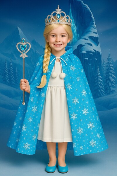 TOYFEST Σετ κοστουμιών πριγκίπισσας Frozen Elsa 4 τεμαχίων – Φόρεμα μπλε λάμψης + περούκα + ράβδος + στέμμα