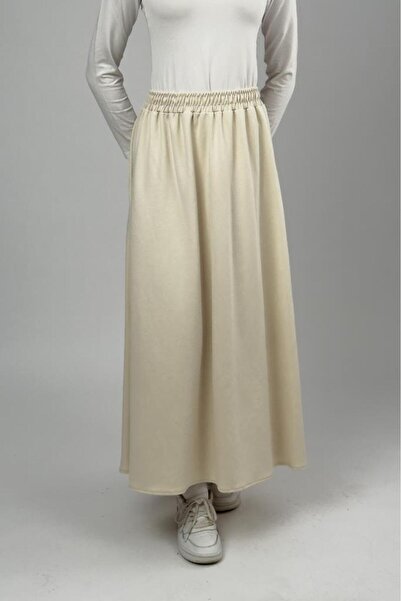 Betimoda Women's Beige Modal Fabric Elastic Waist Midi Skirt
