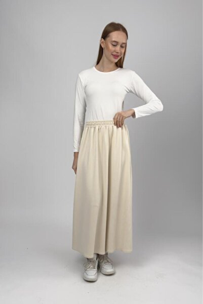 Betimoda Women's Beige Modal Fabric Elastic Waist Midi Skirt