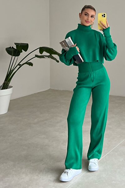 munora butik Finger-Cut High Waist Knitwear Green Suit Two Piece Sets 015