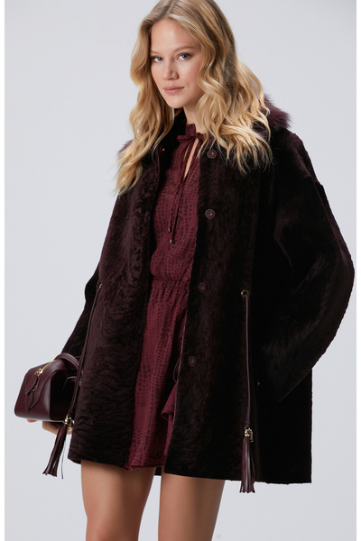 Network Vişne Yakası Kürklü Deri Kaban