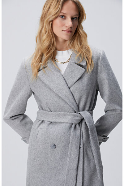 Network Gri Diyagonal Desen Kuşaklı Uzun Palto