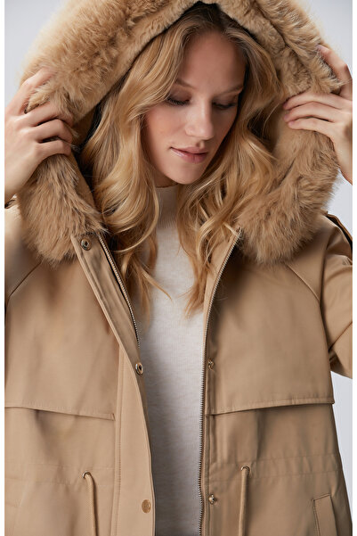 Network Bej Kapüşon Yakalı Kaban