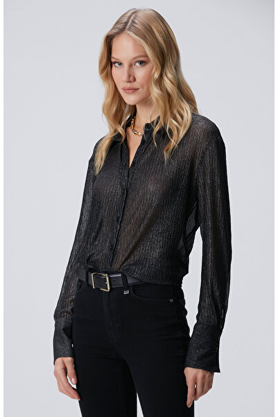 Network Siyah Simli Desenli Geniş Manşetli Gömlek