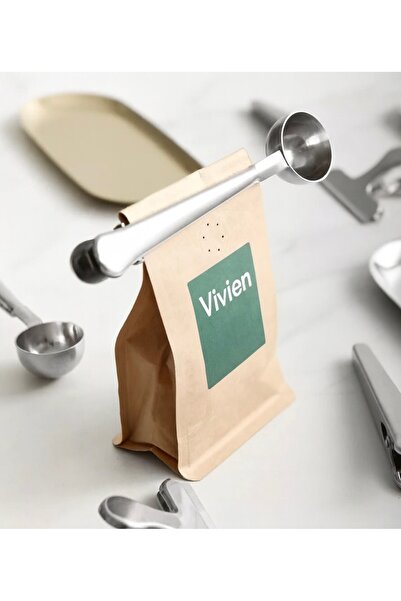 Vivien Home Gümüş Paslanmaz Çelik Kahve Ölçü Kaşığı Ve Paket Klipsi Mandallı Paslanmaz Çelik