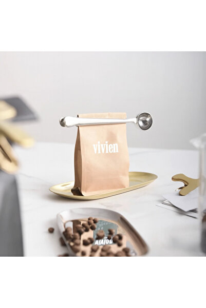 Vivien Home Gümüş Paslanmaz Çelik Kahve Ölçü Kaşığı Ve Paket Klipsi Mandallı Paslanmaz Çelik
