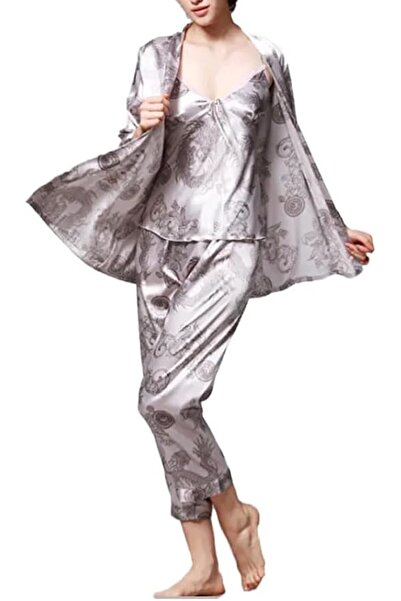 Margoun 3-Piece Women's Satin Pajama Set with Dragon Print (Cami, Robe, Pants) TZ013