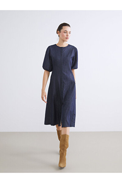 LC Waikiki Lcw Comfort Indigo Balloon Sleeve Waist-Fitted Jean Dress