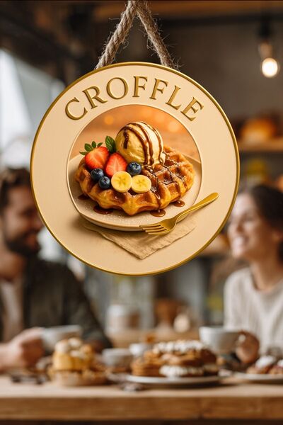 Nod Ornament de perete din lemn cu șnur tematic Croffle, patiserie, magazin d...