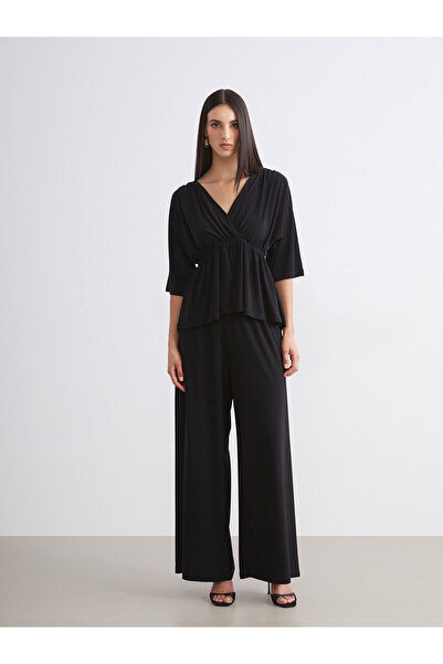 LC Waikiki Soulife Black Double-Breasted Collar Gathered Blouse