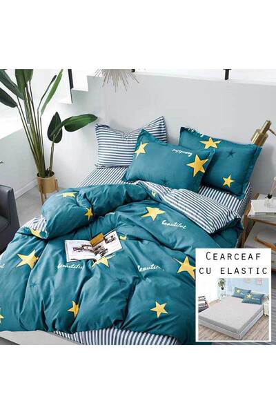 Patul Bed Linen, Satin Cotton, Sulphur, 2 Persons, Double Bed, 4 Pieces, Fitt...