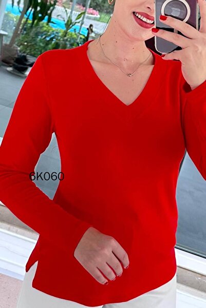İnce Topuk V-Neck Strawberry Fabric Blouse 6K060