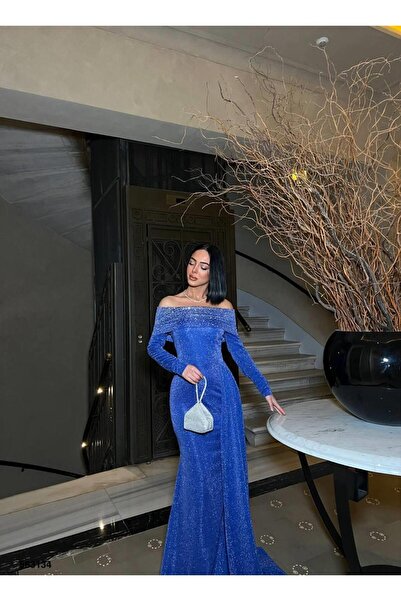 Modafeminen Omuz Dekolteli Uzun Abiye Elbise flowres kumaş 583134SAKS