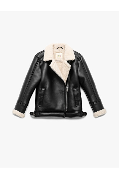 Koton Кръстосана яка, удобна кройка, джоб с детайли, подплатена с флис, изкуствена кожа