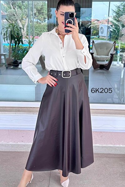 İnce Topuk Belted Leather Skirt 6K205
