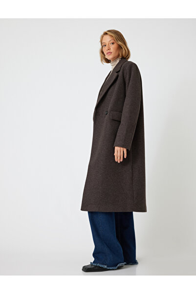 Koton Long Cashmere Coat with Double-Breasted Pockets and Buttons