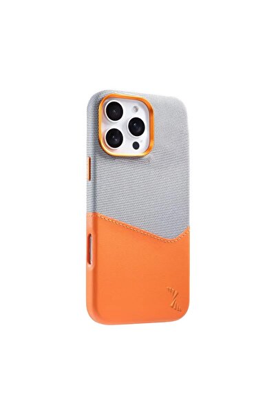 Zebana Apple iPhone 16 Pro Compatible Case Zeyra M-Safe Leather Case with Card Holder Orange