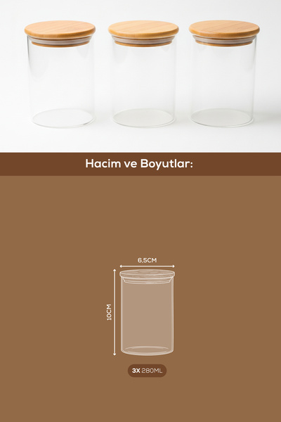 Vienev Set of 3 Glass Jars with Bamboo Lids 280 ml - Food Organizer Storage Container (6.5X10Cm)