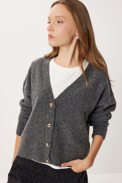 Lovelyİstanbul Soft Textured Buttoned Knitwear Cardigan Lci0048 Anthracite