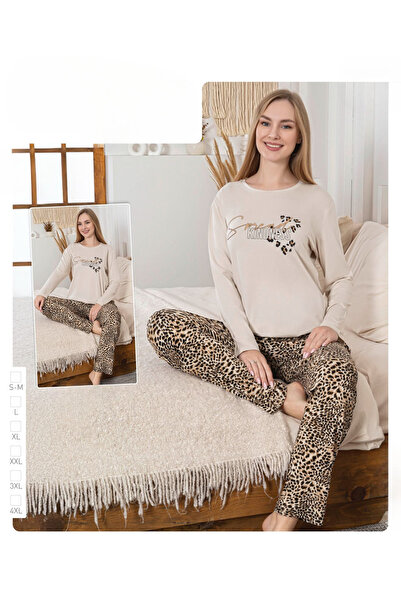 İpek Women's Long Sleeve Crew Neck Leopard Print Cotton Pajama Set