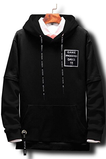 DE PLEIN Unisex Μαύρη κουκούλα 100% βαμβακερή φούτερ