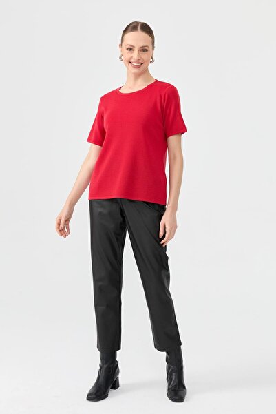 Desen Triko Women's Crew Neck Short Sleeve Basic Wool Blouse A.Red