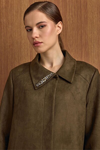 Olcay Turn-Down Collar Stone Detailed Suede Look Oversized Coat K.Haki̇ 6795