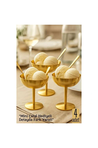shopwave 4-Piece Gold Inox Steel Footed Ice Cream and Presentation Bowl – Dessert, Turkish Delight, and Presentation Container