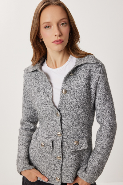 Lovelyİstanbul Polo Neck Buttoned Knitwear Cardigan Lki̇0045 Gray