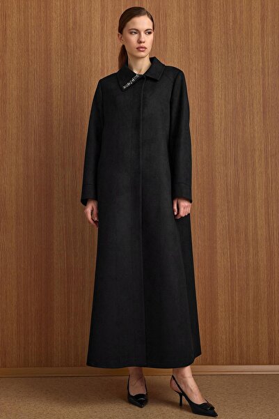 Olcay Turn-Down Collar Stone Detailed Suede Look Oversized Overcoat Black 6795