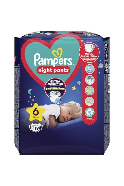 Pampers Scutece Night Pants cu prindere rapidă, mărimea 6 (15+ kg), 19 bucăți