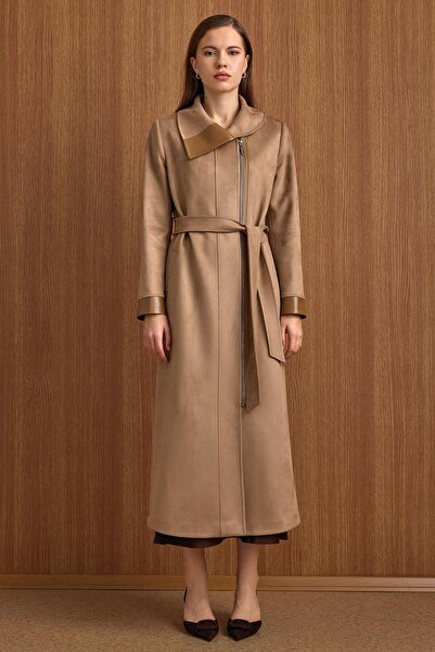 Olcay Turn-Down Collar Zipper Closure Leather Paneled Suede Look Cap A.Kamel 6804