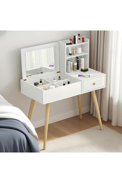 Venpara Dressing Table with Foldable Mirror, Makeup Vanity Table for Bedroom, Storage Shelf & Drawer