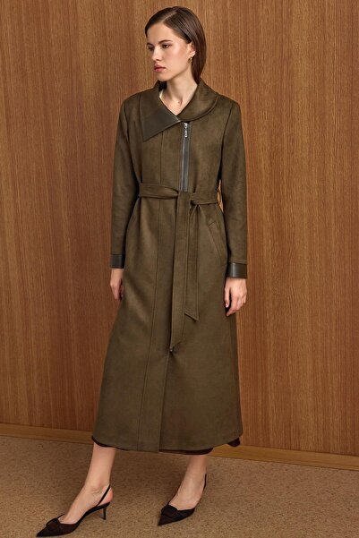 Olcay Turn-Down Collar Zipper Closure Leather Paneled Suede Look Cap K.Haki 6804