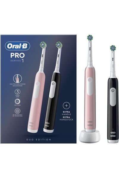 Oral-B Set de 2 periuțe de dinți electrice Pro 1, curățare 3D, 1 program, 1 cap de periuță, negru/roz