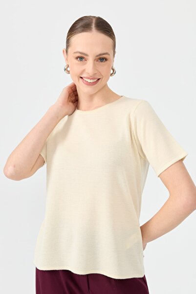 Desen Triko Women's Crew Neck Short Sleeve Basic Wool Blouse Bone